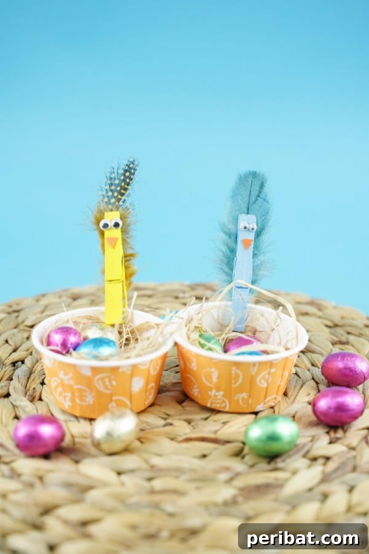 Whimsical Repurposed Clothespin Birds 3 Clothespin birds clipped onto small cups