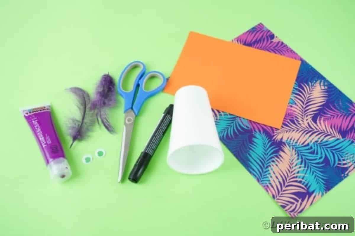 Turn Plastic Cups Into Charming Owls 6 Craft supplies neatly arranged for making plastic cup owls.