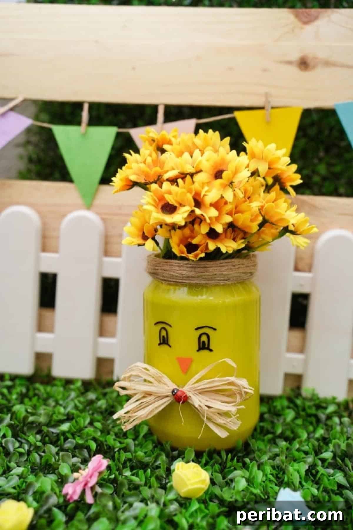 Repurposed Mason Jar Hen House Vase 4 Painted mason jar chicken vase against a white picket fence