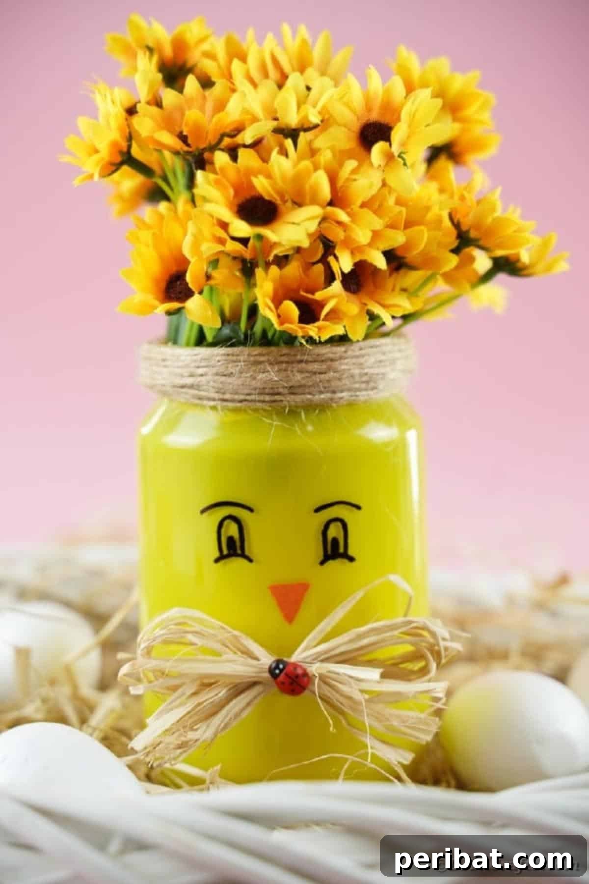 Repurposed Mason Jar Hen House Vase 5 Mason jar chicken vase filled with bright yellow flowers