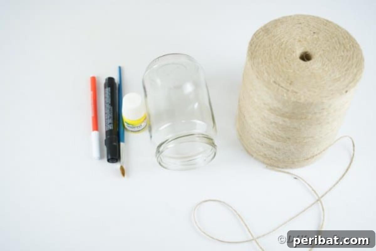 Repurposed Mason Jar Hen House Vase 6 Craft supplies laid out for making a mason jar chicken vase