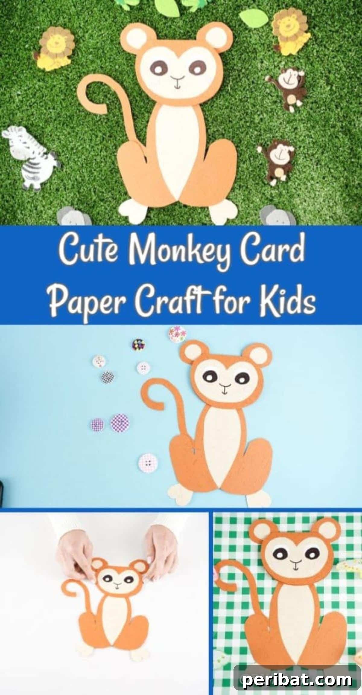DIY Monkey Card Fun for Kids 2 A creative collage showcasing a paper monkey card with various colorful elements, perfect for a kids' craft project.