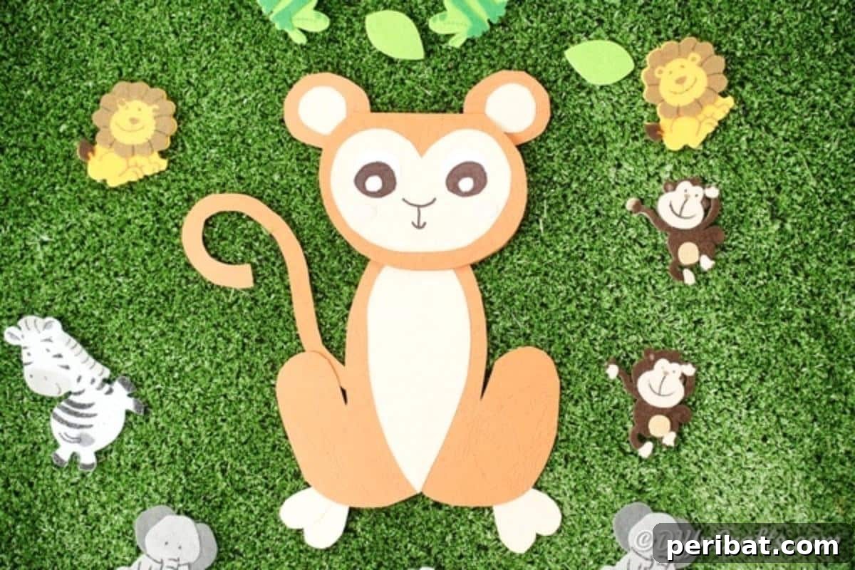 DIY Monkey Card Fun for Kids 5 A handcrafted paper monkey artfully positioned on a vibrant green, textured surface, mimicking grass, showcasing its simple charm.