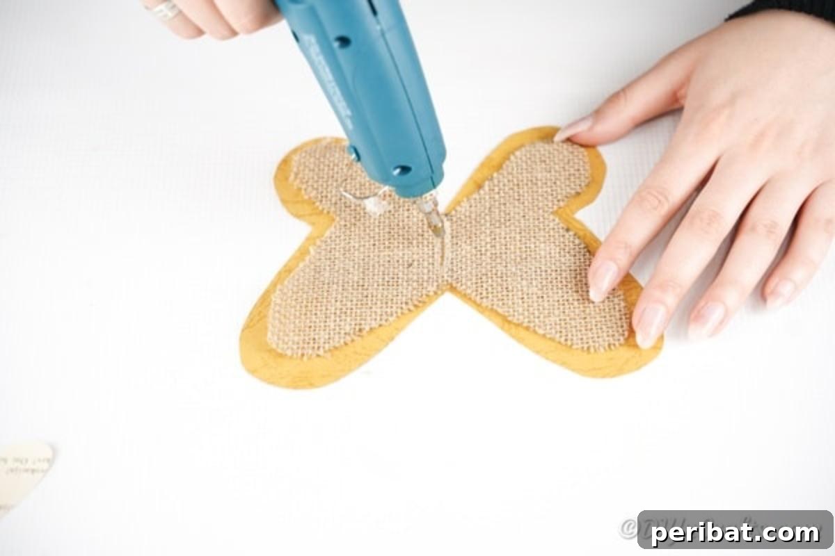 Whimsical Rustic Burlap Butterfly 12 Gluing burlap onto paper