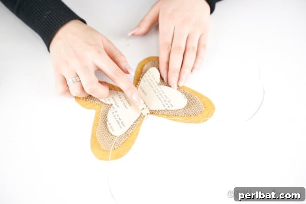 Whimsical Rustic Burlap Butterfly 14 Gluing butterfly middle onto the middle of butterfly