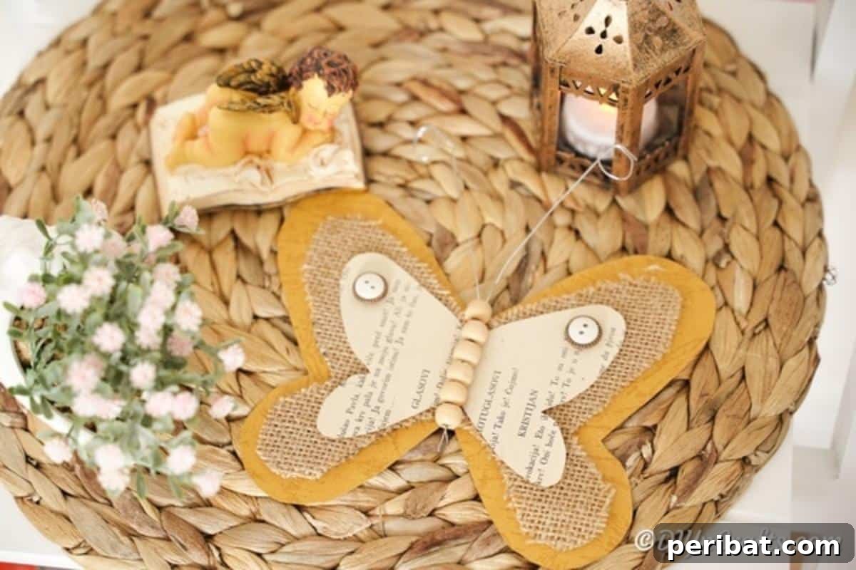 Whimsical Rustic Burlap Butterfly 16 Burlap butterfly on woven mat
