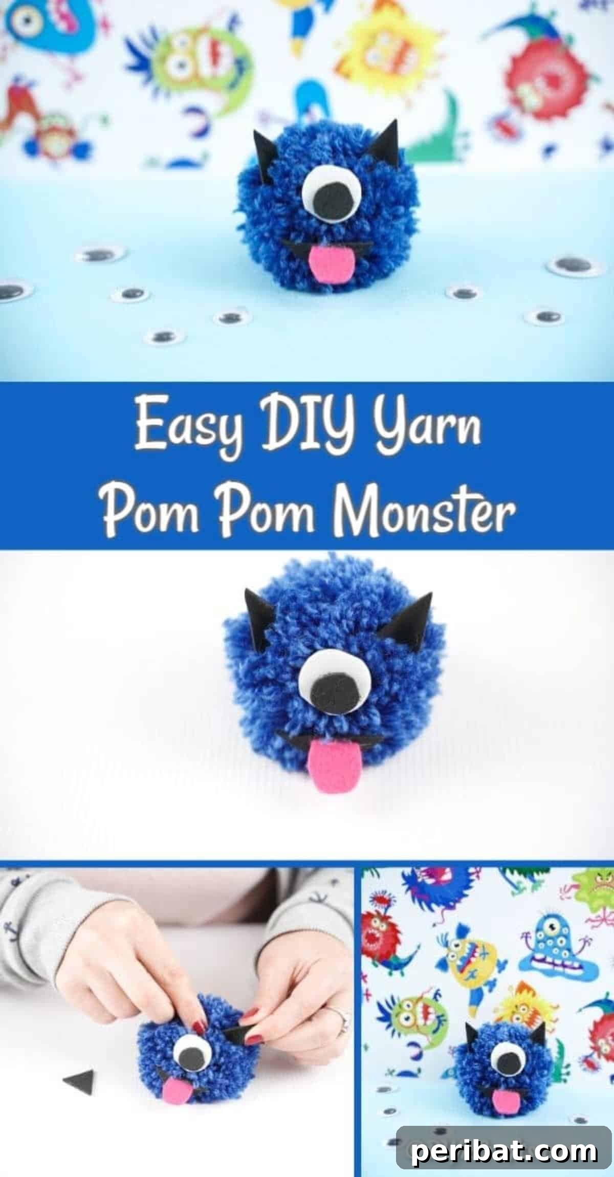 Collection of colorful yarn pom pom monsters with googly eyes and paper features
