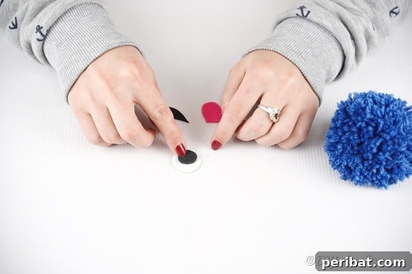 Assembled eye (black circle on white circle) being glued to the pom pom