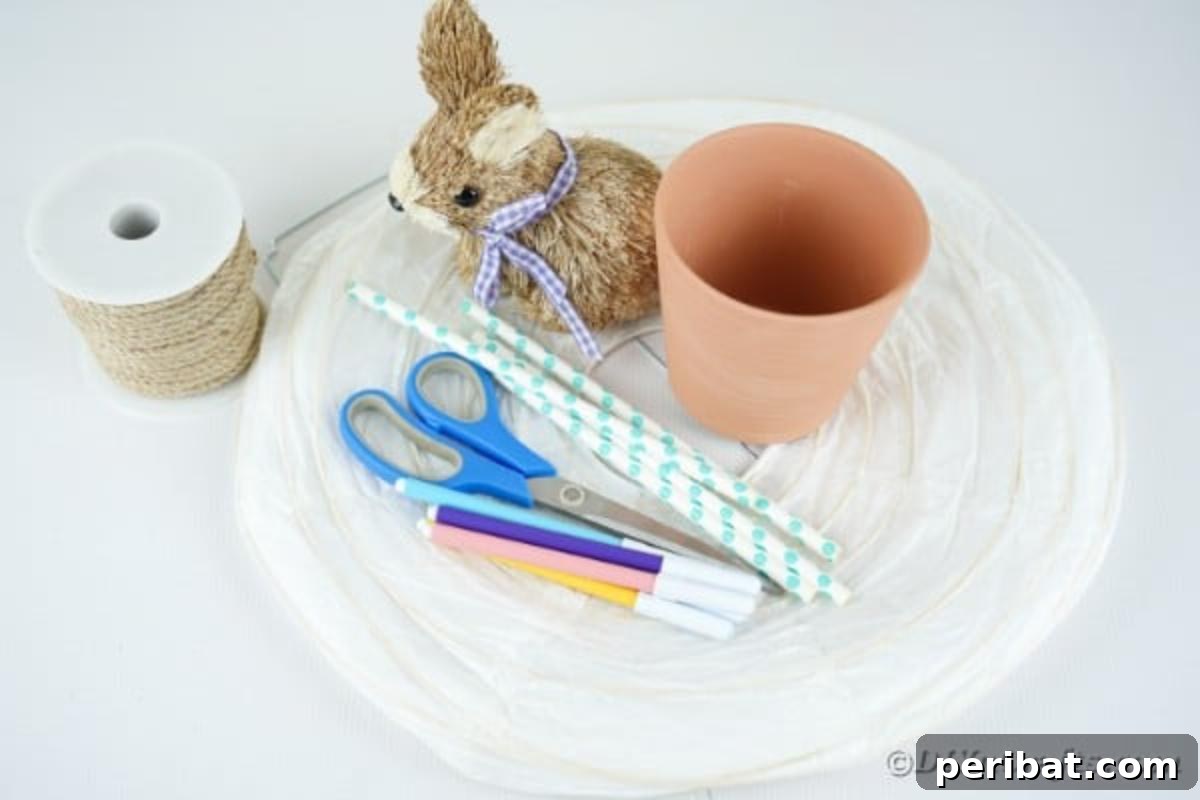 Hoppy Hot Air Balloon Easter Craft 7 Various supplies for the Easter hot air balloon craft laid out on a surface