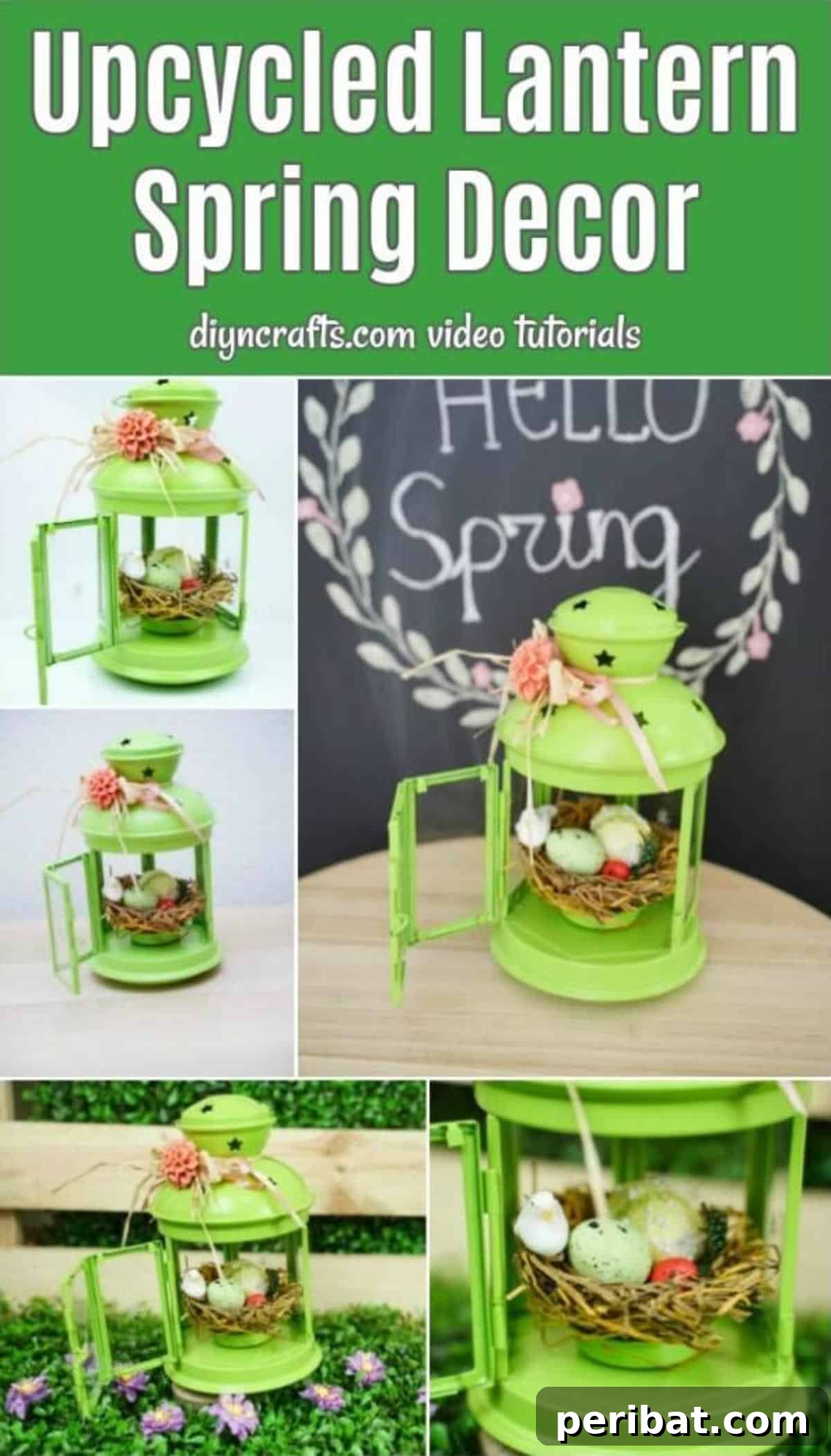 Green upcycled lantern collage with spring nest decoration