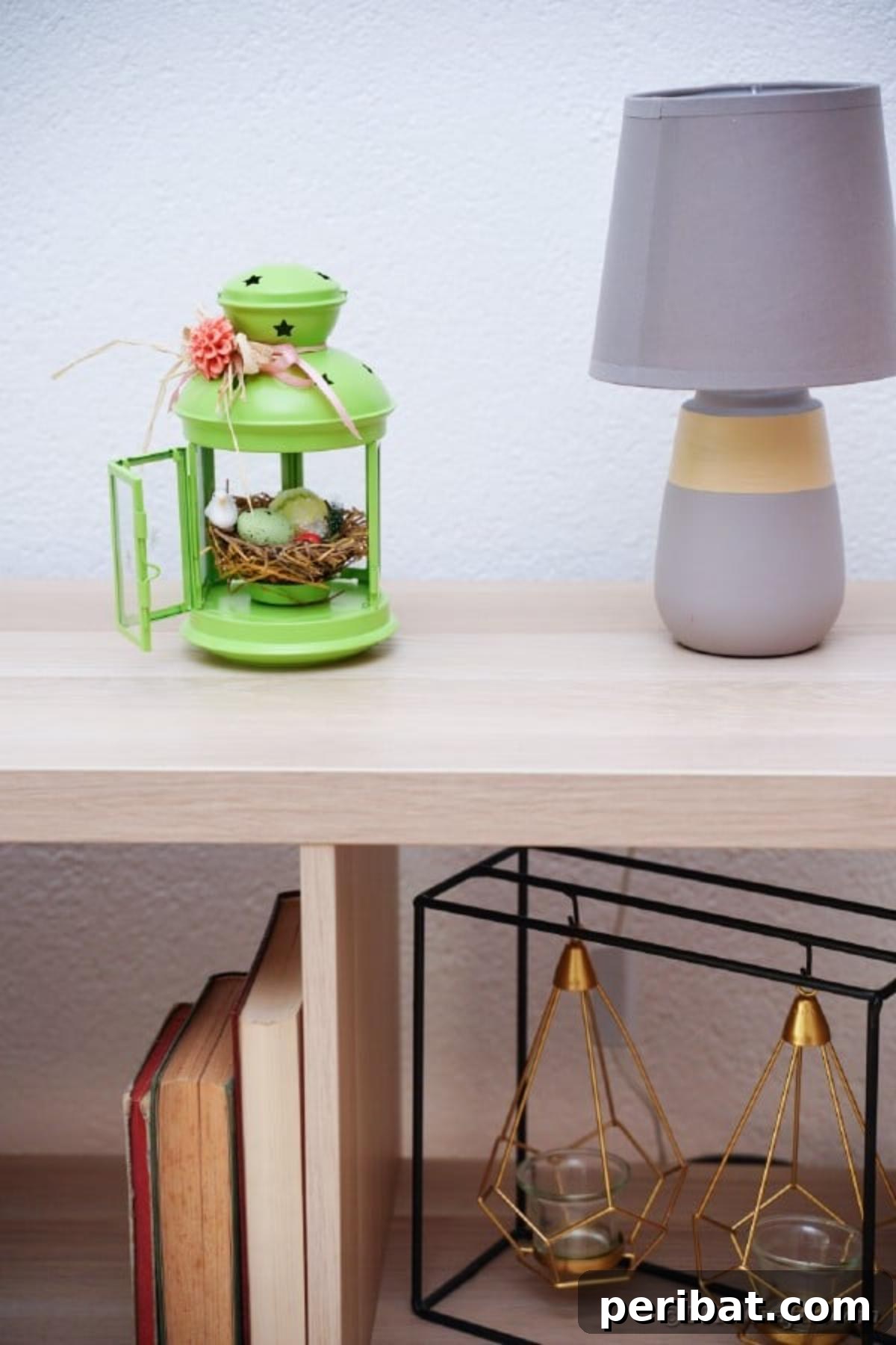 Spring nest lantern on table by lamp, showcasing upcycled decor