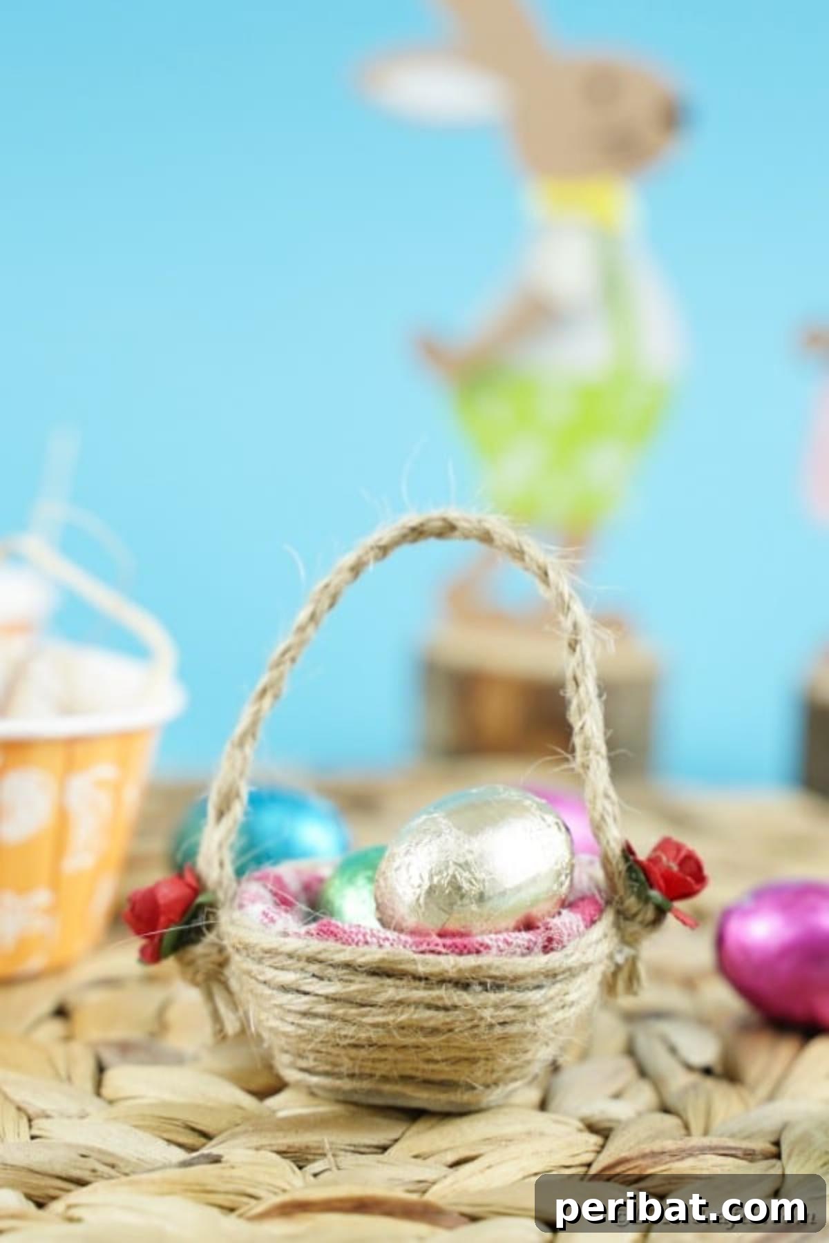 Twine wrapped mini Easter basket on woven mat