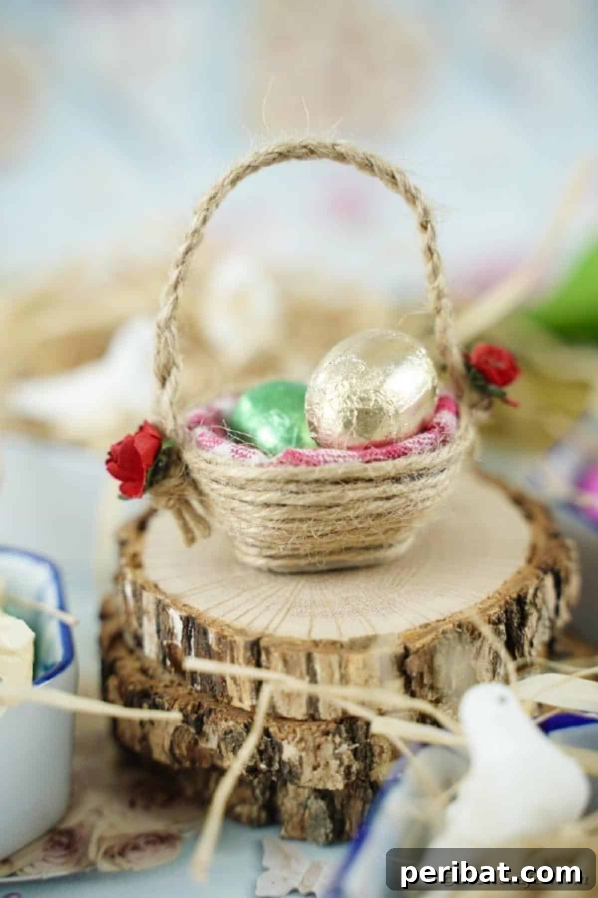 Egg carton Easter basket on wood slice
