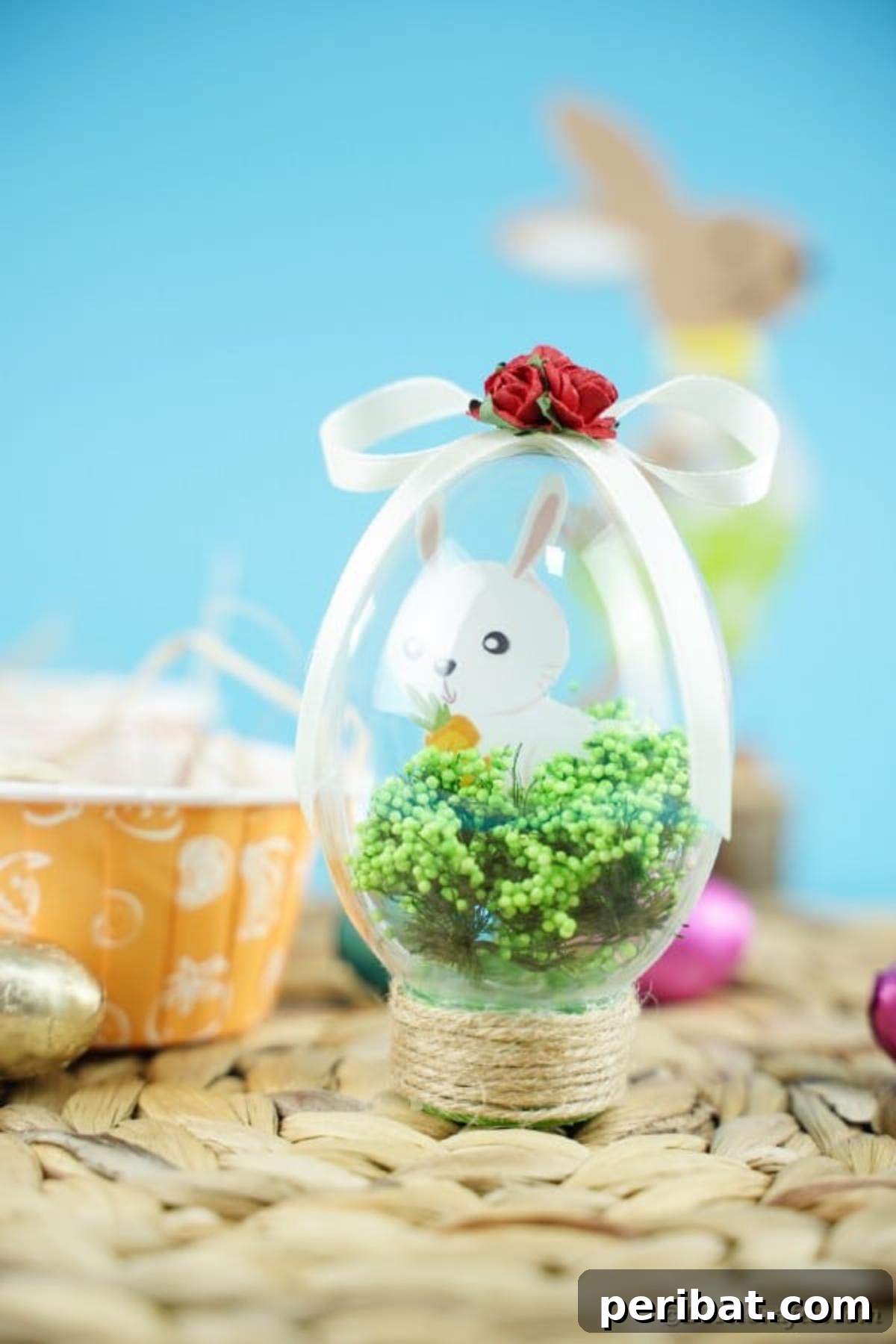 Adorable Easter Bunny Egg Craft Printable 3 Bunny in Easter egg decoration on woven mat