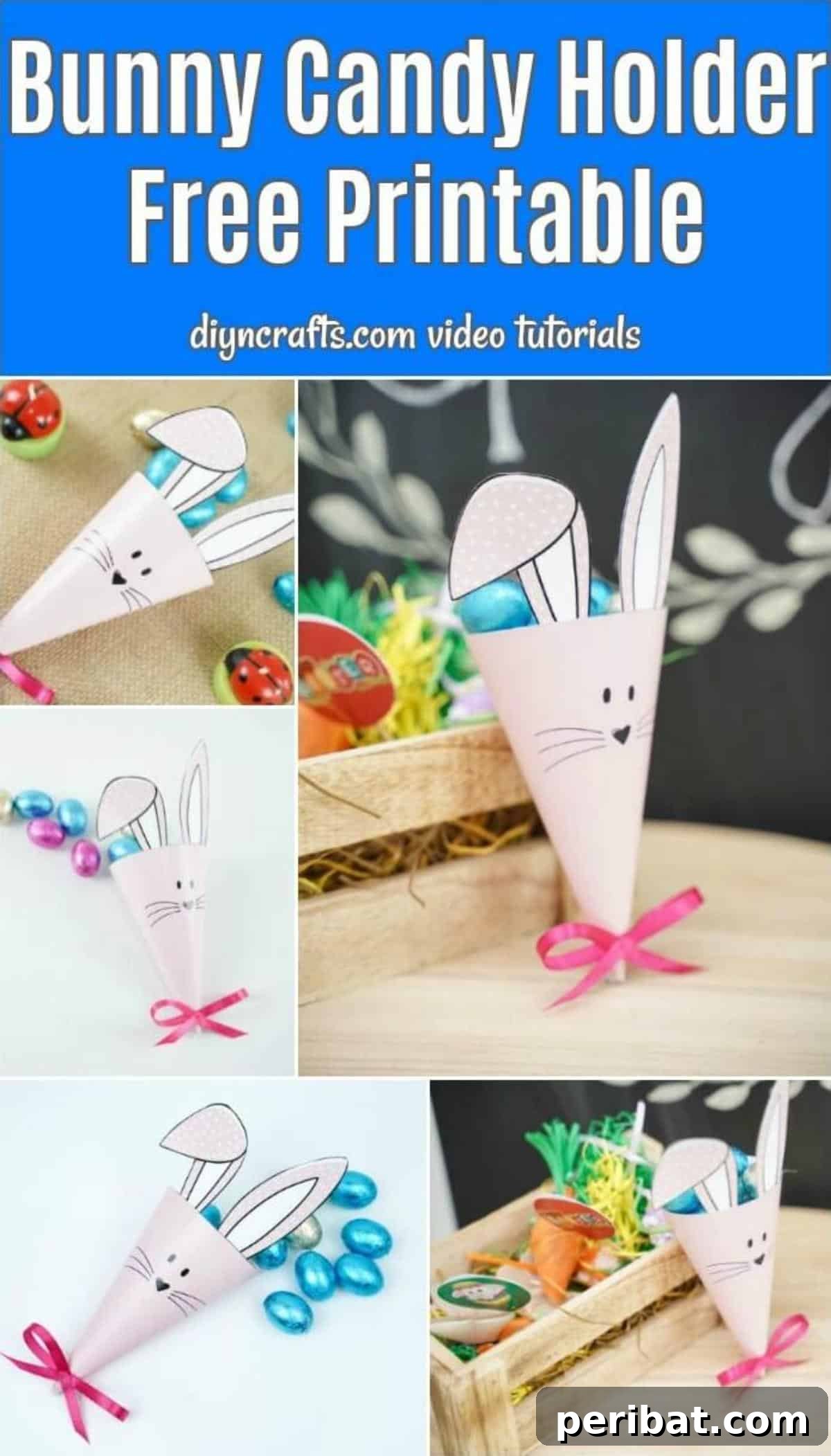 Free Easter Bunny Treat Holder Template 2 Printable bunny cone candy holder collage showcasing the final craft