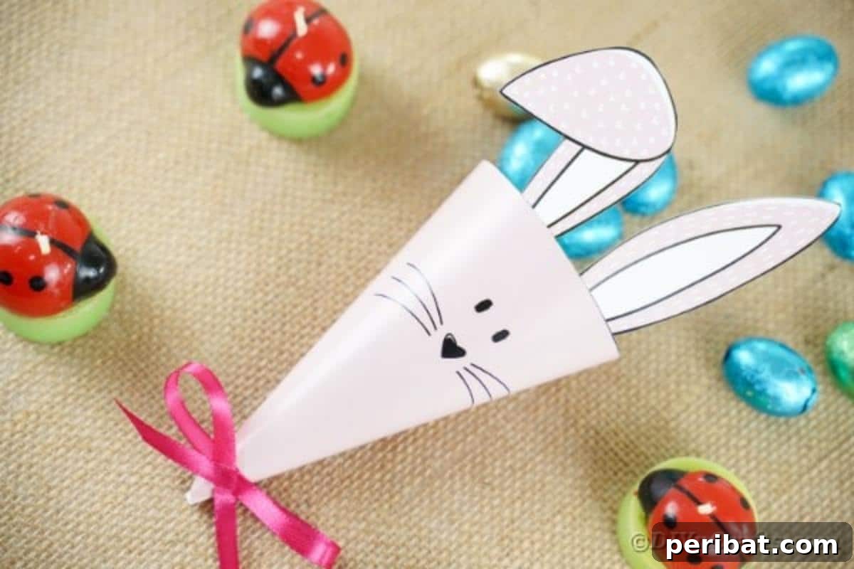 Free Easter Bunny Treat Holder Template 3 Paper Easter bunny cone candy holder displayed on a rustic brown table