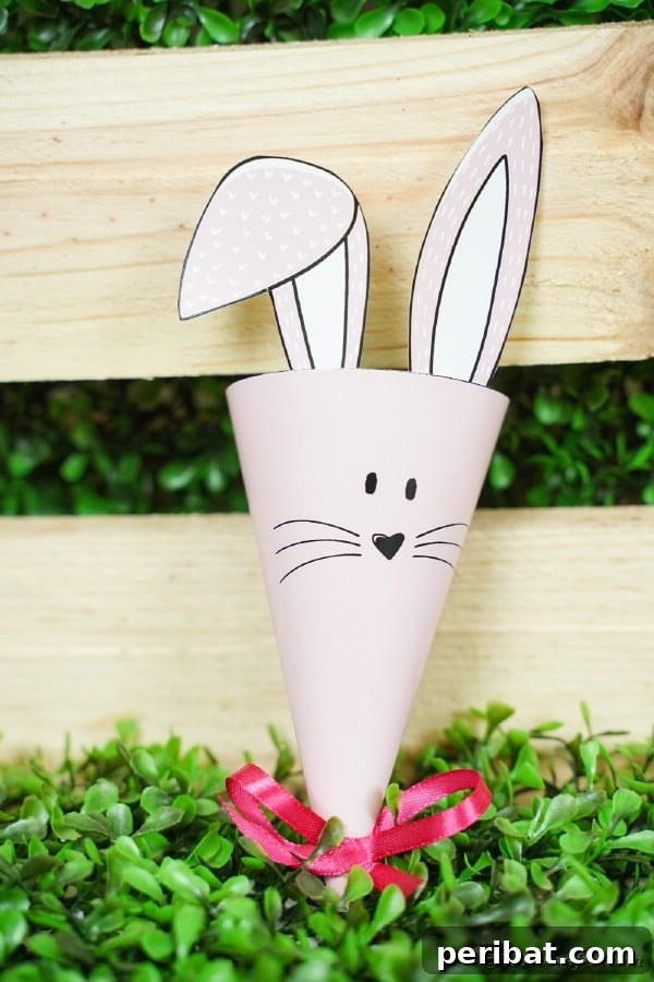 Free Easter Bunny Treat Holder Template 23 Paper bunny cone in front of wood box
