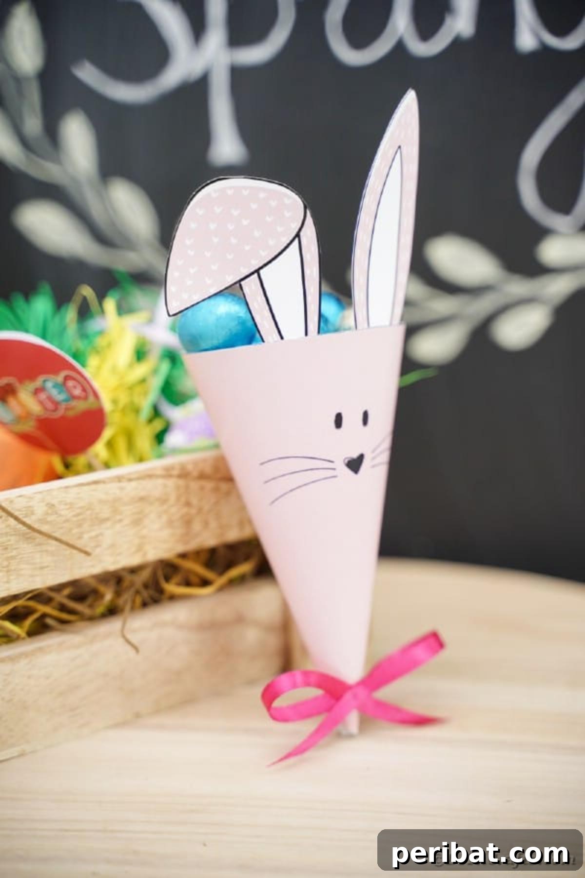 Free Easter Bunny Treat Holder Template 6 Finished paper bunny cone propped against a wooden crate