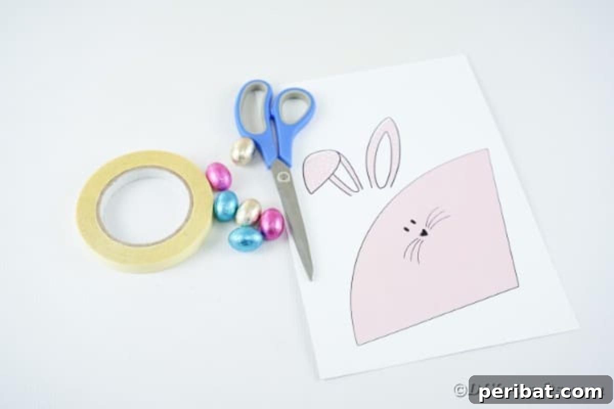 Free Easter Bunny Treat Holder Template 7 A collection of supplies neatly laid out for making the bunny holder craft
