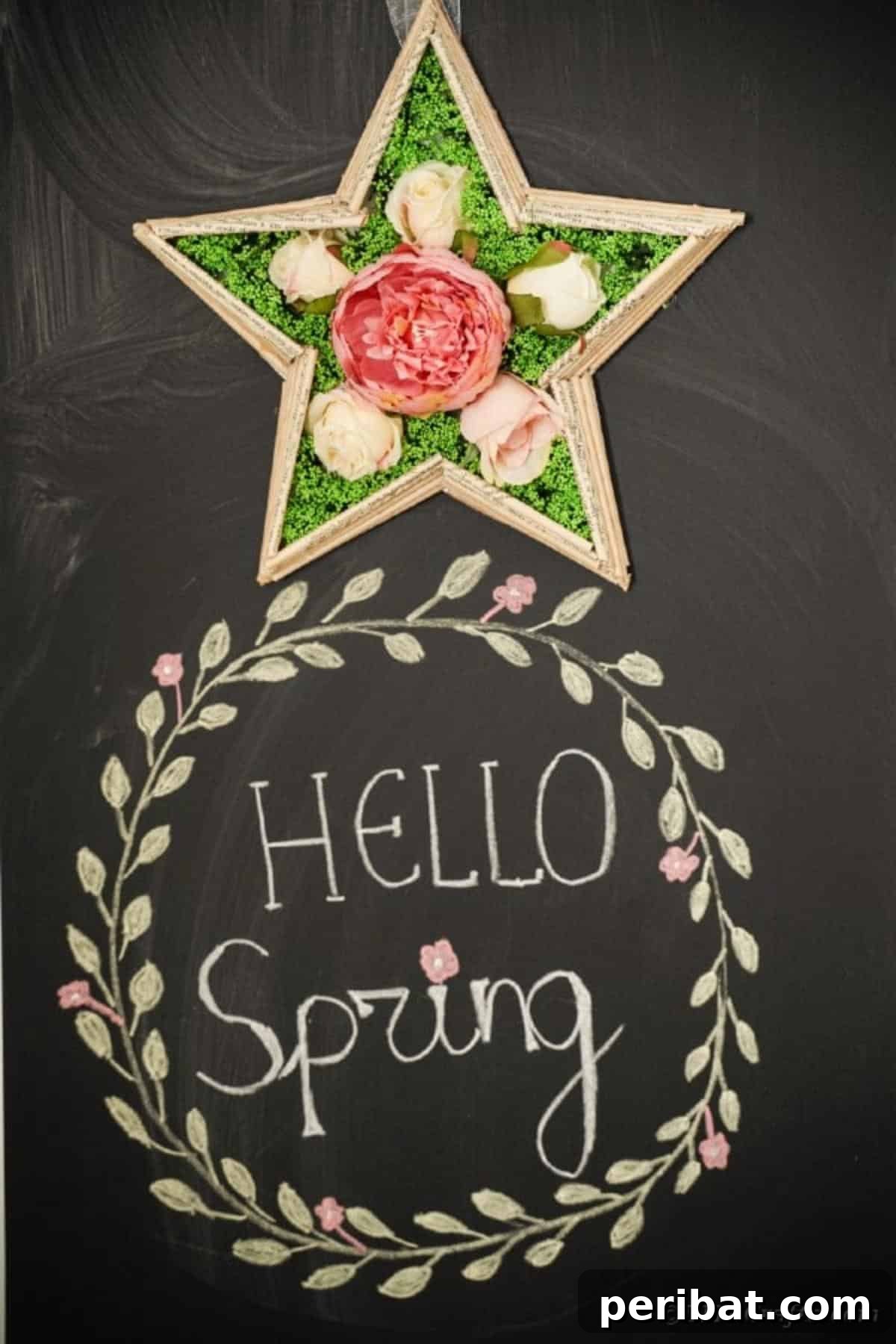 Literary Starburst Wall Decor 4 A finished old book page star wall art decoration displayed against a dark chalkboard, highlighting its intricate rolled paper texture.