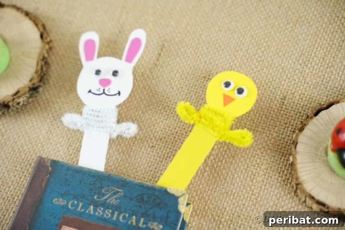 Popsicle Stick Easter Critter Bookmarks 5 Bunny and chicken bookmarks in book on burlap