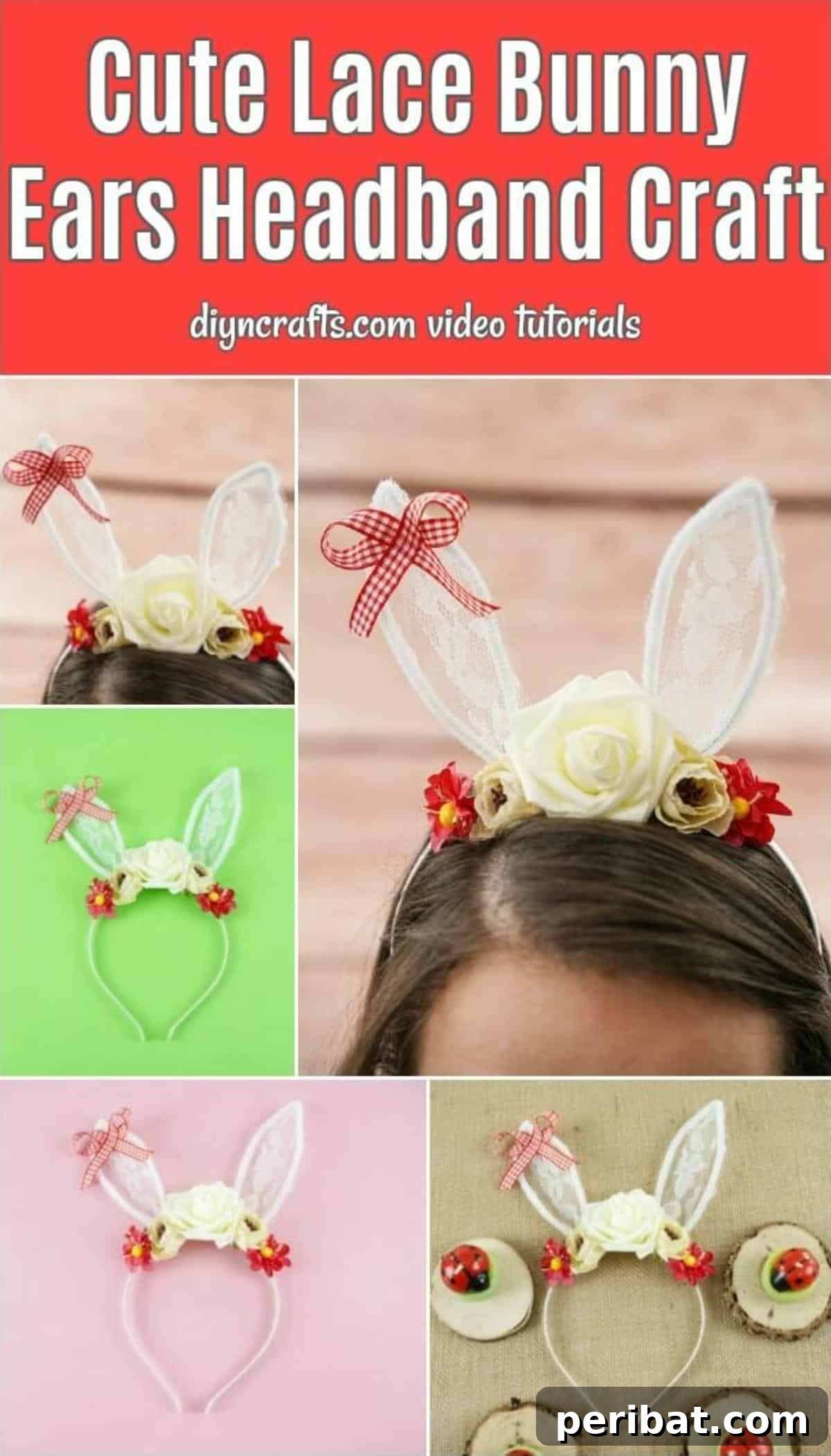 Delicate lace bunny ear headband with floral accents, ready for Easter festivities
