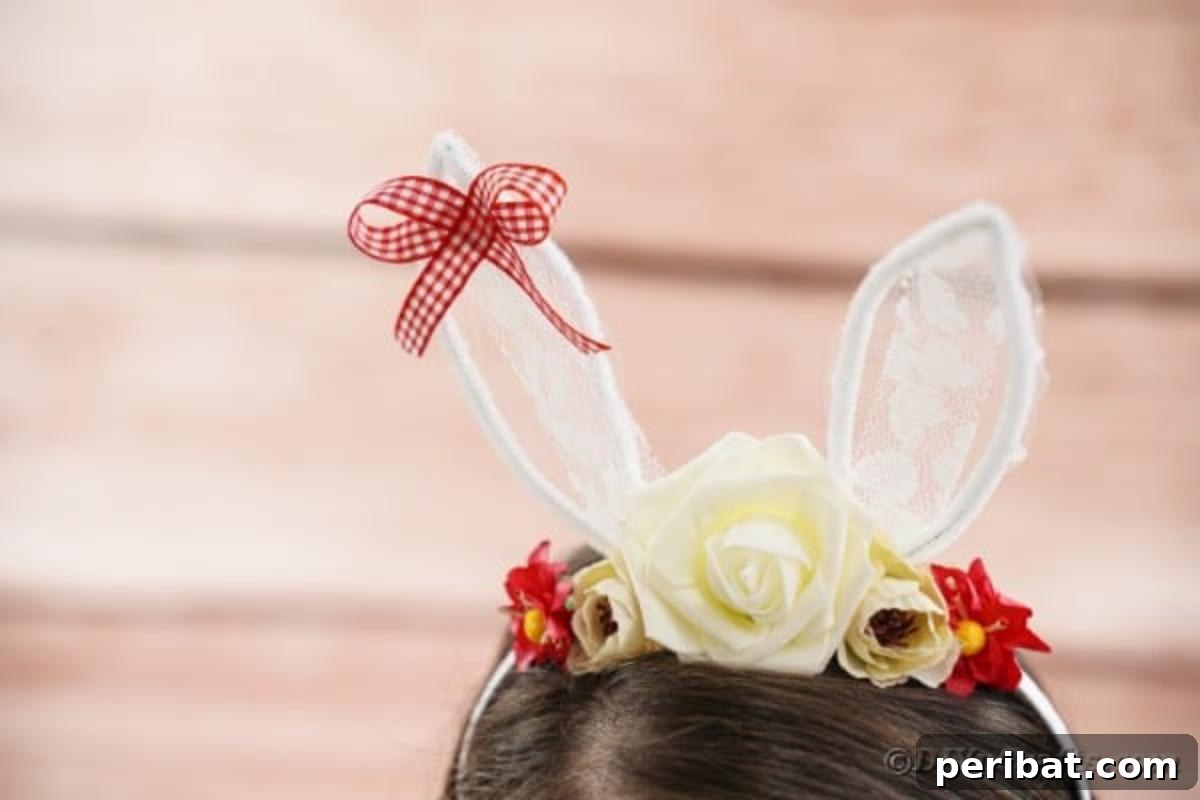 A beautiful brunette wearing the completed DIY lace bunny ears headband