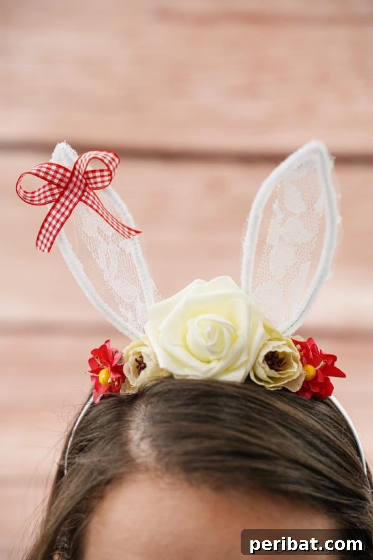 Chic brunette model wearing a handcrafted Easter bunny headband