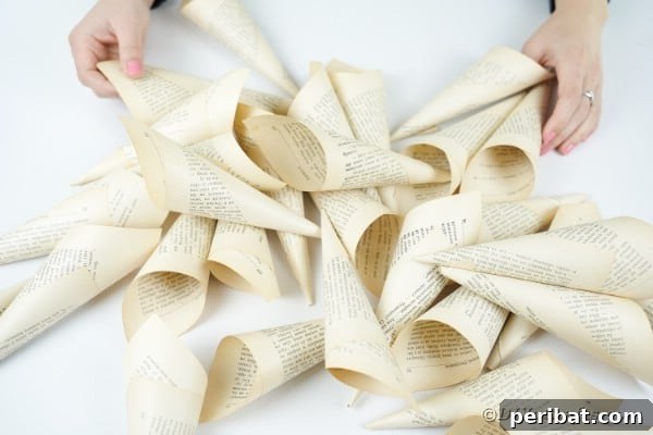 Aged Book Wreath Craft: Complete Video How-To 14 Multiple paper cones on table