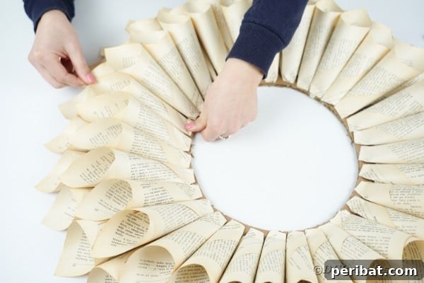 Aged Book Wreath Craft: Complete Video How-To 17 Filling in wreath gaps with paper cones