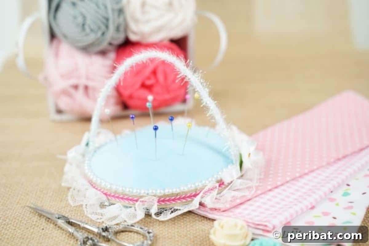 DIY CD Pincushion Basket: Upcycle Tutorial 17 Pincushion on table with yarn