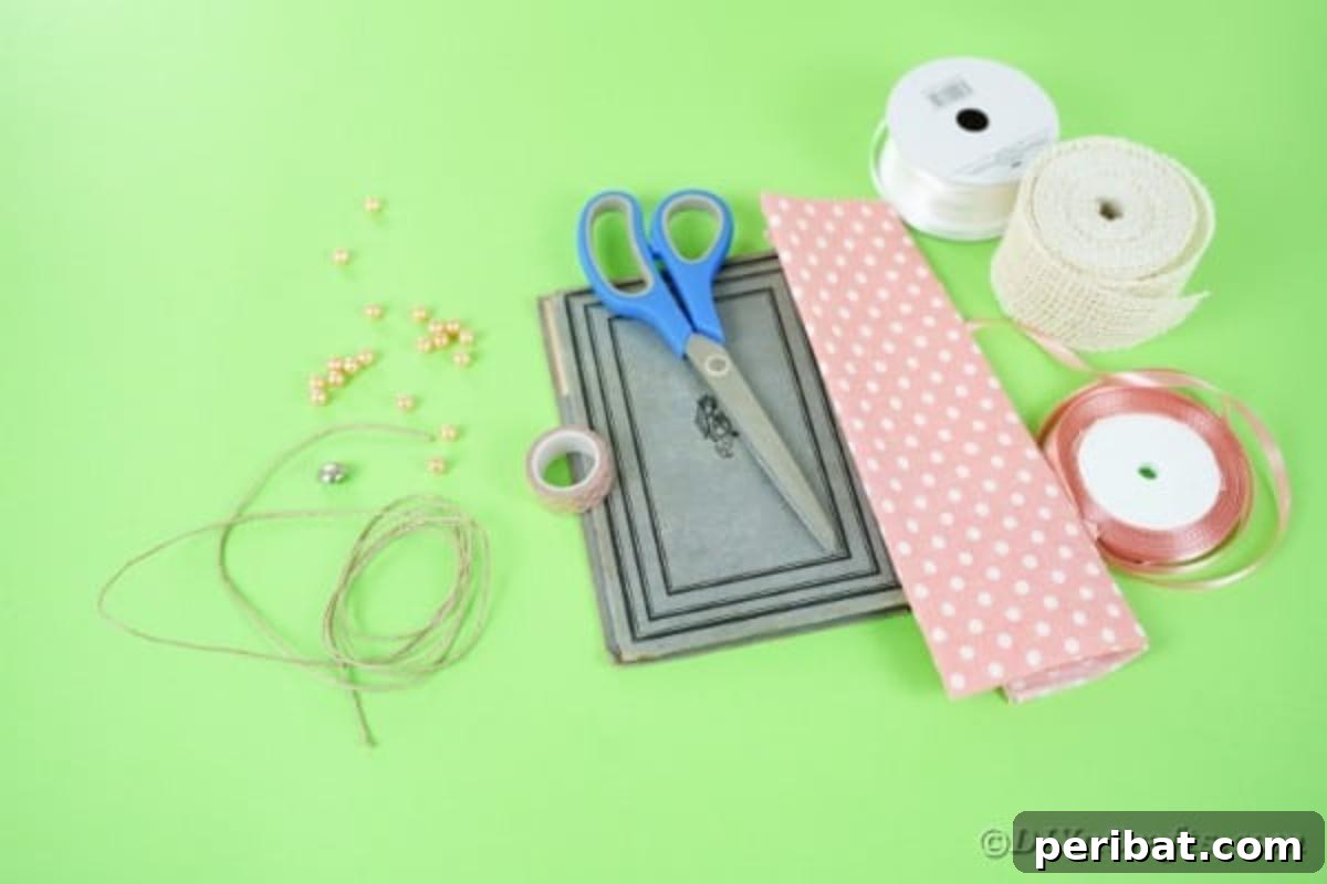 Old Books New Fashion DIY Book Purse Tutorial 7 Flat lay of all essential supplies for making an old book purse: book cover, various fabrics, ribbons, pearls, button, scissors, glue, and fabric tape