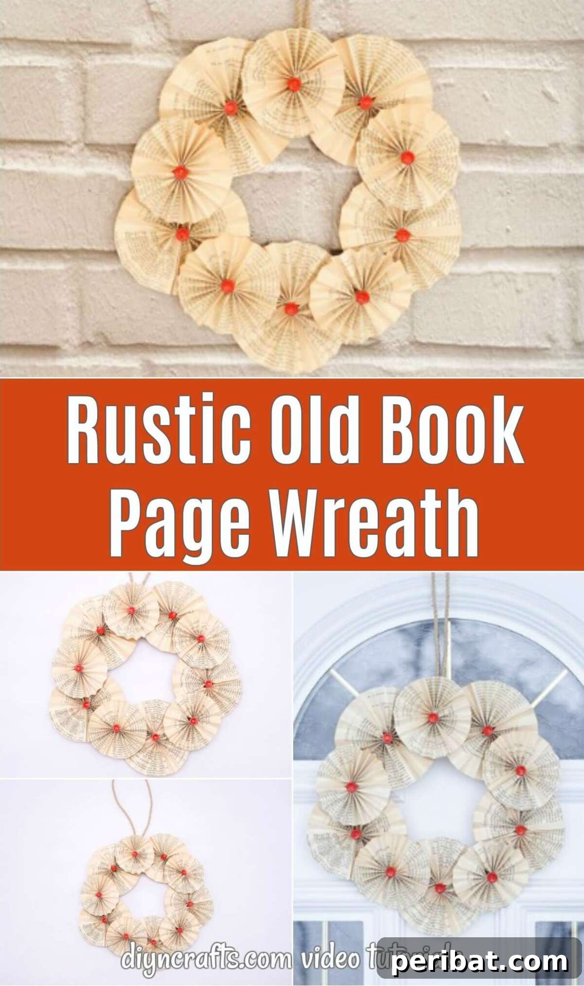 Enchanting Vintage Book Page Wreath Craft 2 A charming collage showcasing an old book page wreath, highlighting its intricate paper folds and vintage aesthetic.