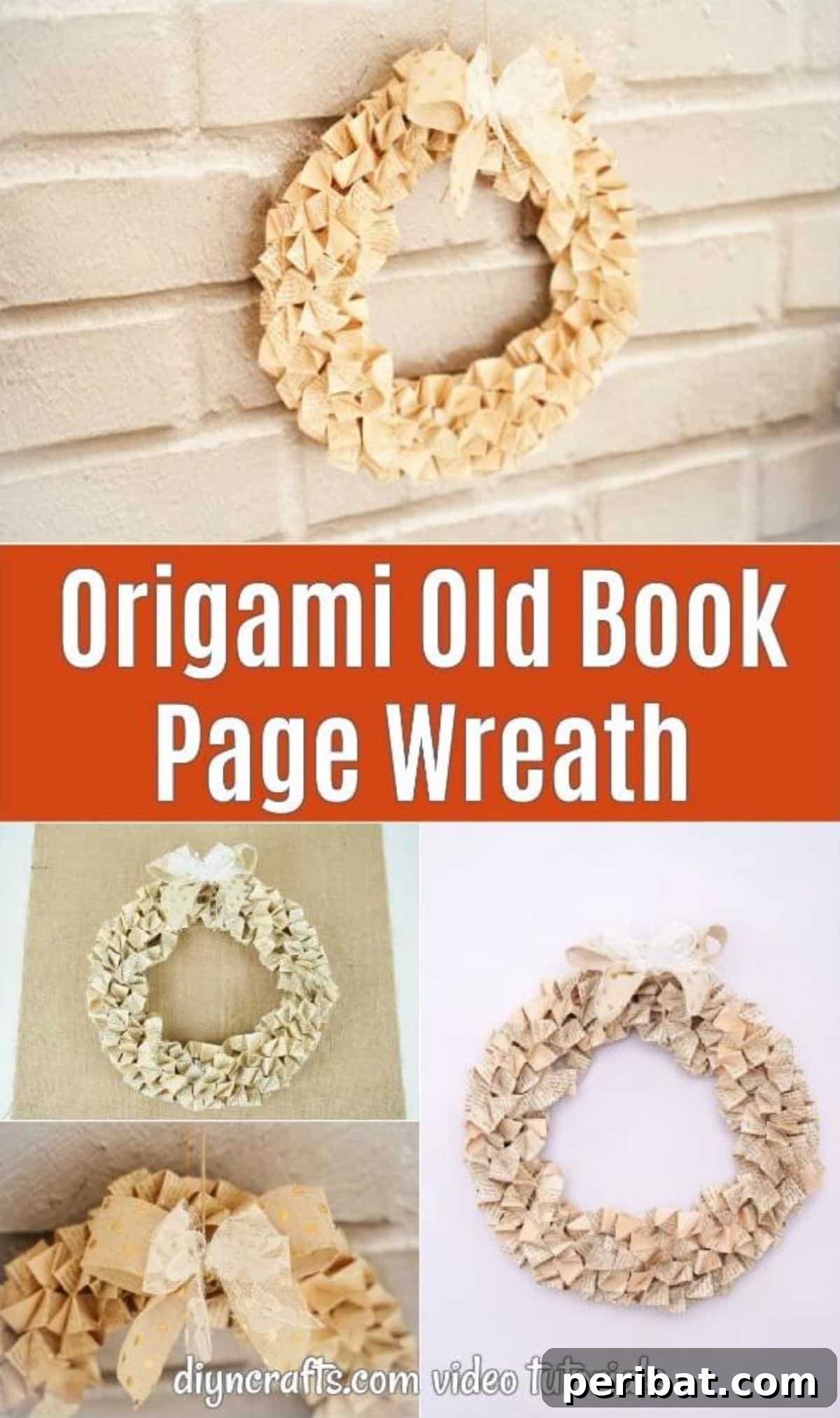 Beautiful Origami Book Page Wreath on a wooden wall, showcasing intricate paper folds and rustic charm.