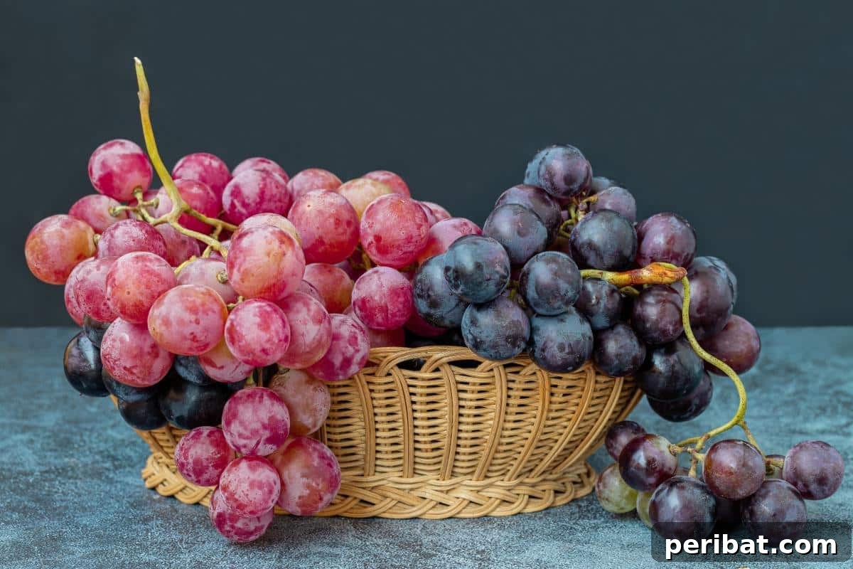 A basket full of grapes, highlighting a refreshing and healthy snack that can be easily enjoyed frozen.