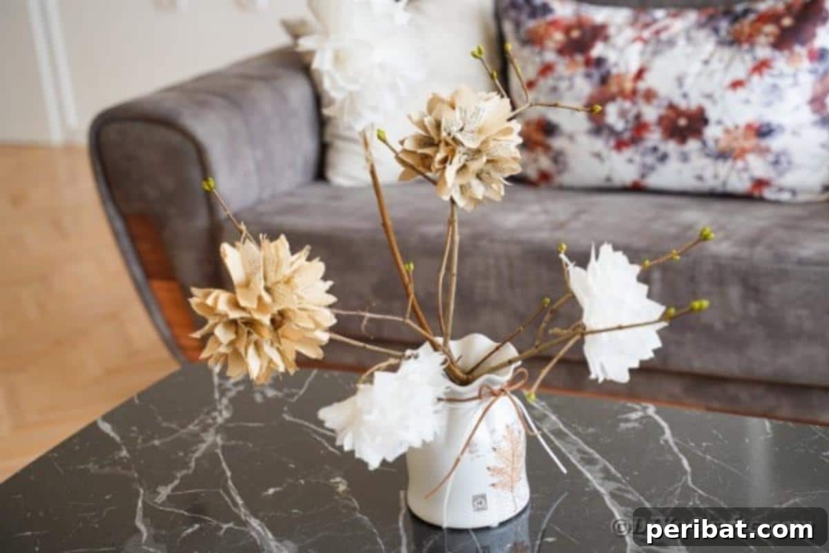 Vase filled with paper flower bouquet