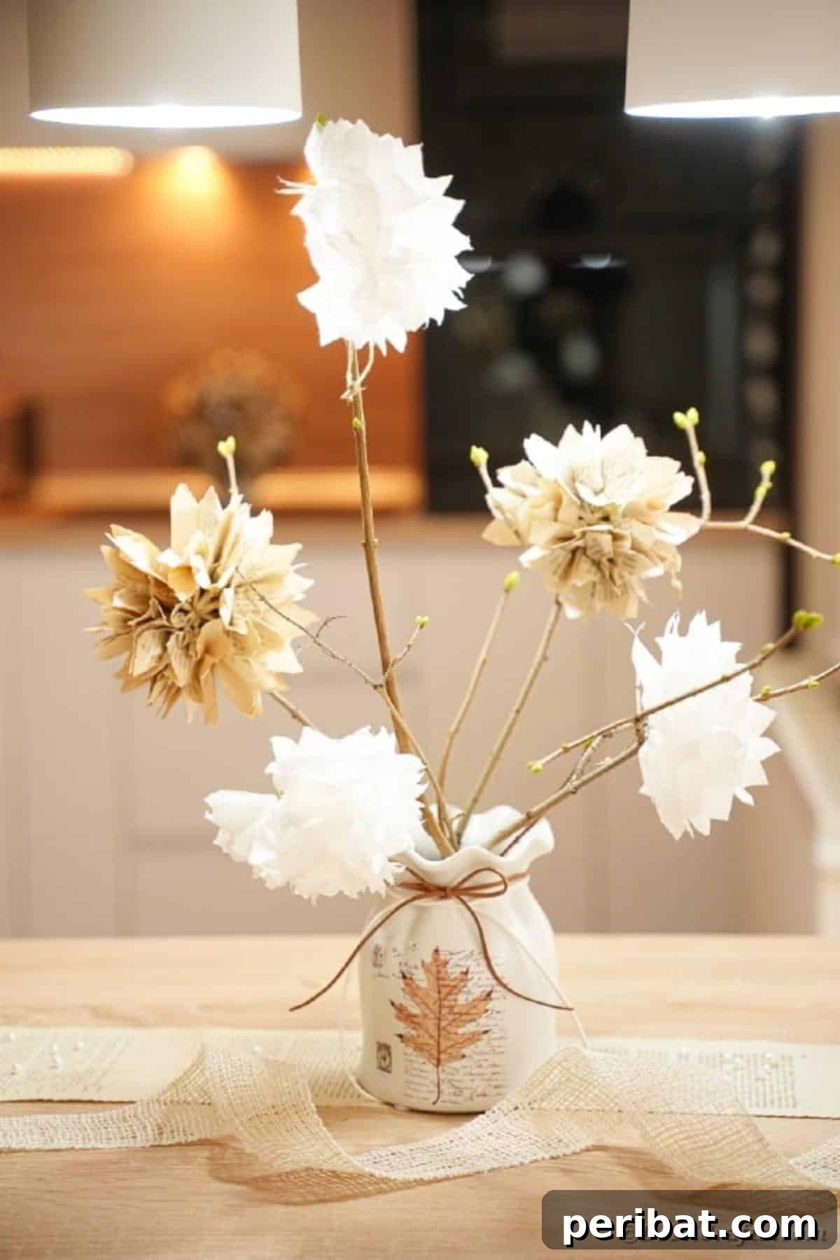 Vase filled with fake flowers on kitchen table