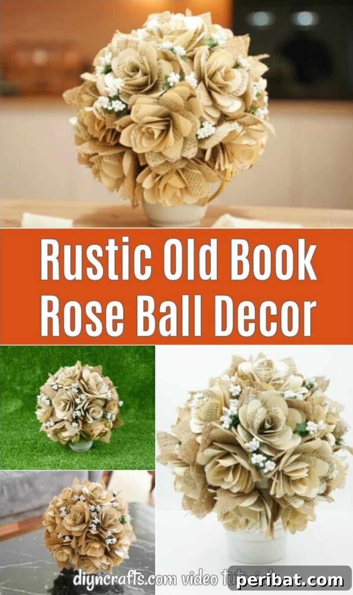 Rustic old book flower bouquet collage featuring a beautiful rose ball centerpiece
