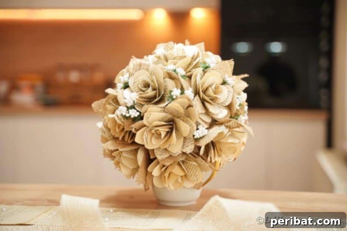 Elegant paper rose decoration made from book pages, positioned on a table with a rustic runner