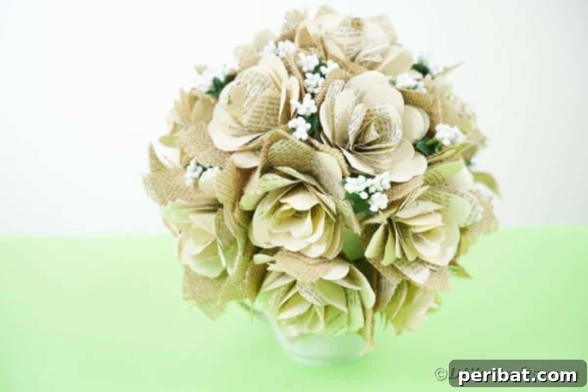 A finished old book page rose bouquet on display, showcasing its intricate details