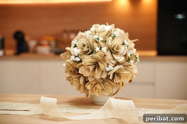 Paper rose decoration on a table with a rustic runner, enhancing the decor
