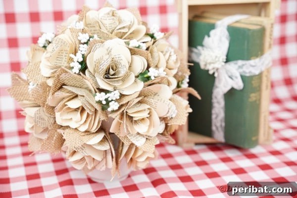 Old book page flower bouquet on a checked cloth, rustic setting