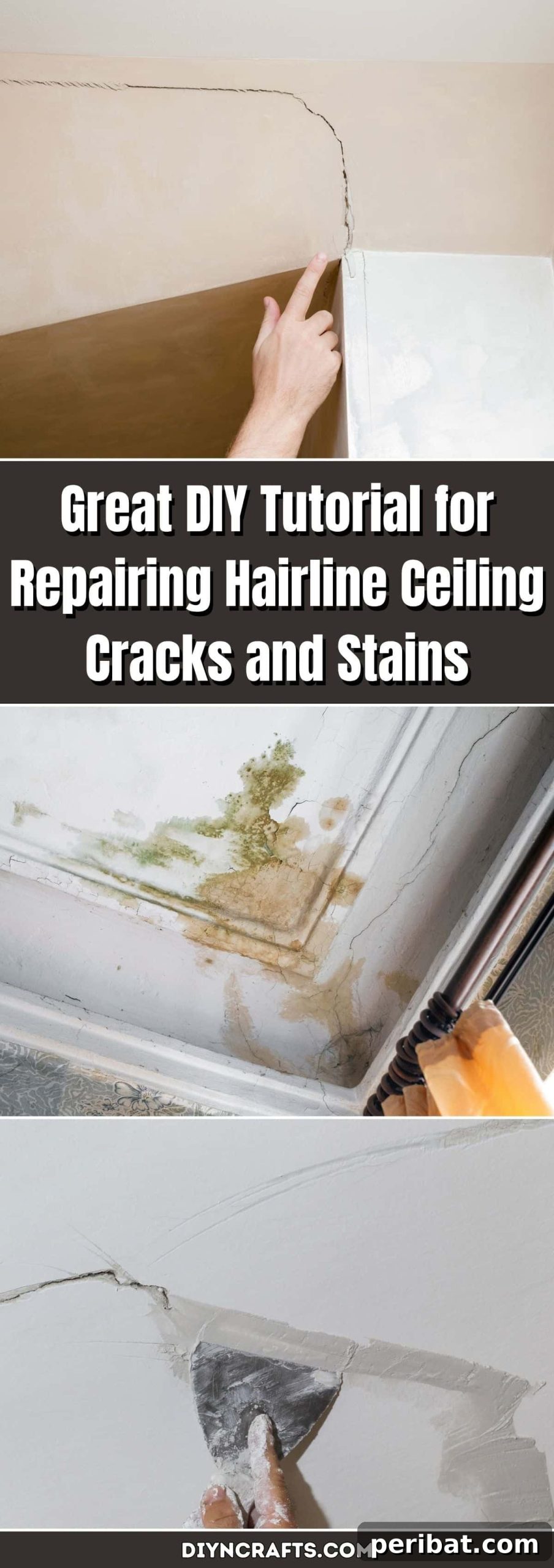 Detailed DIY guide for repairing hairline ceiling cracks and covering stubborn water stains to restore your ceiling's pristine look.
