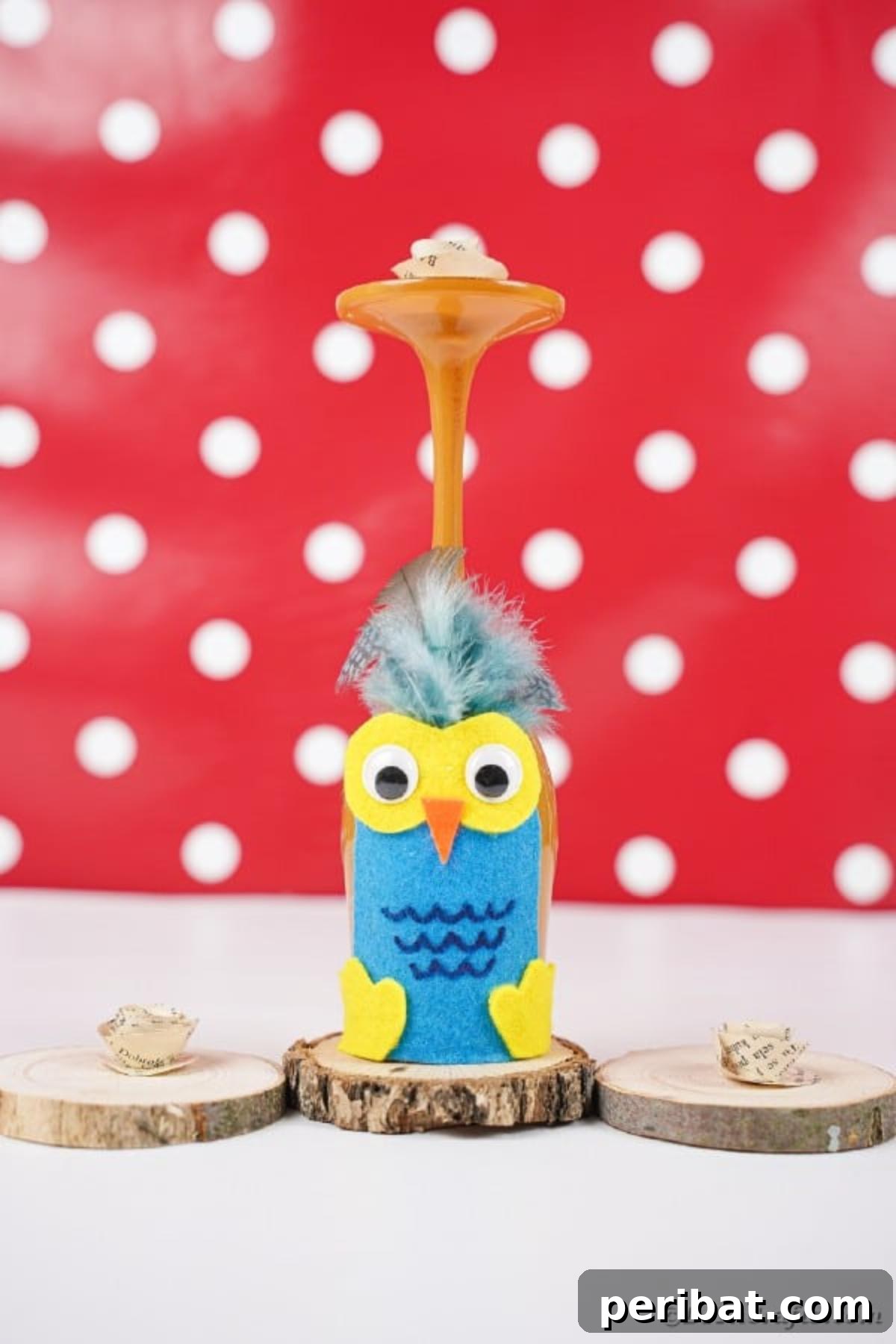 Craft Your Own Adorable Wine Glass Owl 4 Wine glass owl in front of red polka dot background