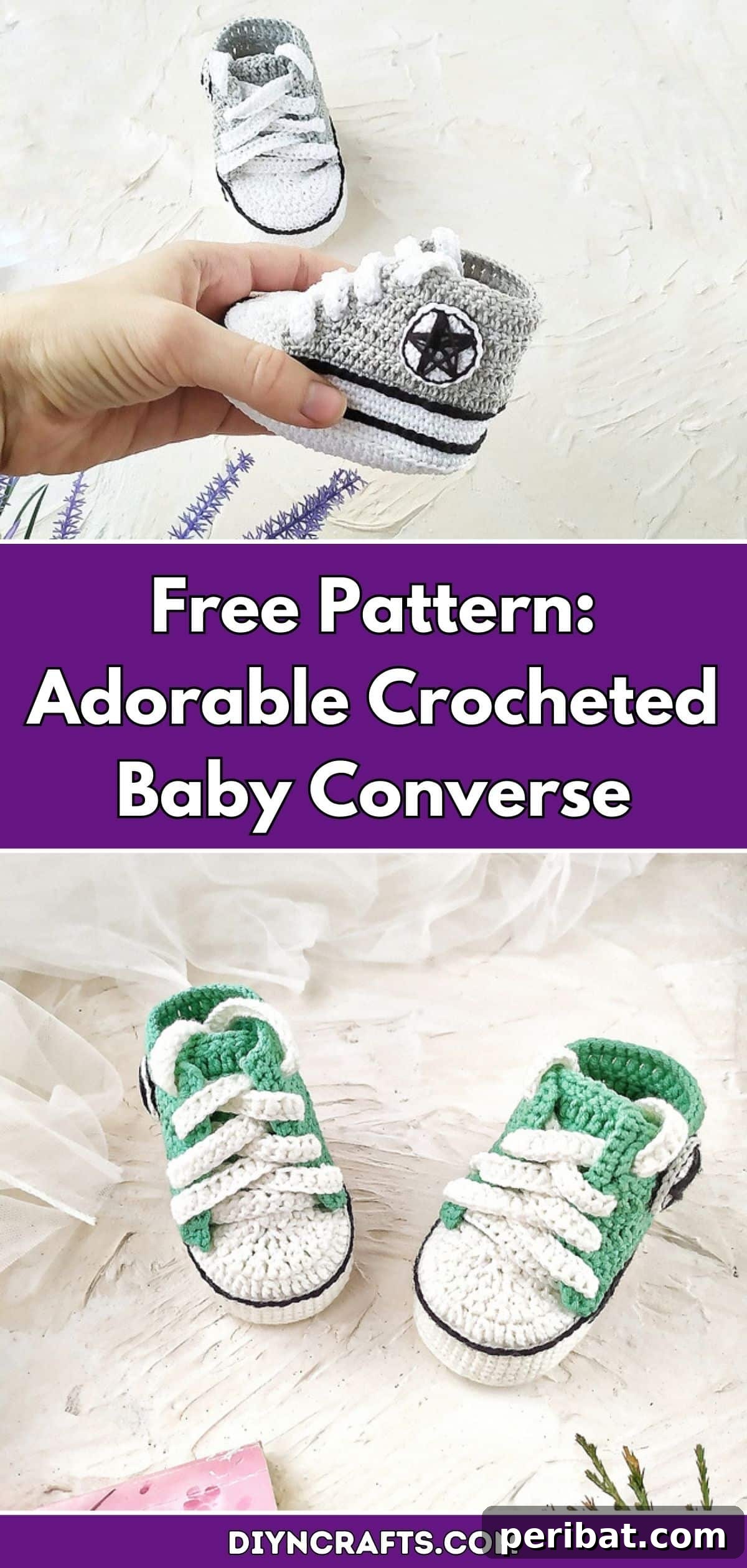 Free Pattern: Adorable Crocheted Baby Converse sneakers for infants, shown in classic white and red, perfect for a handmade baby gift project.