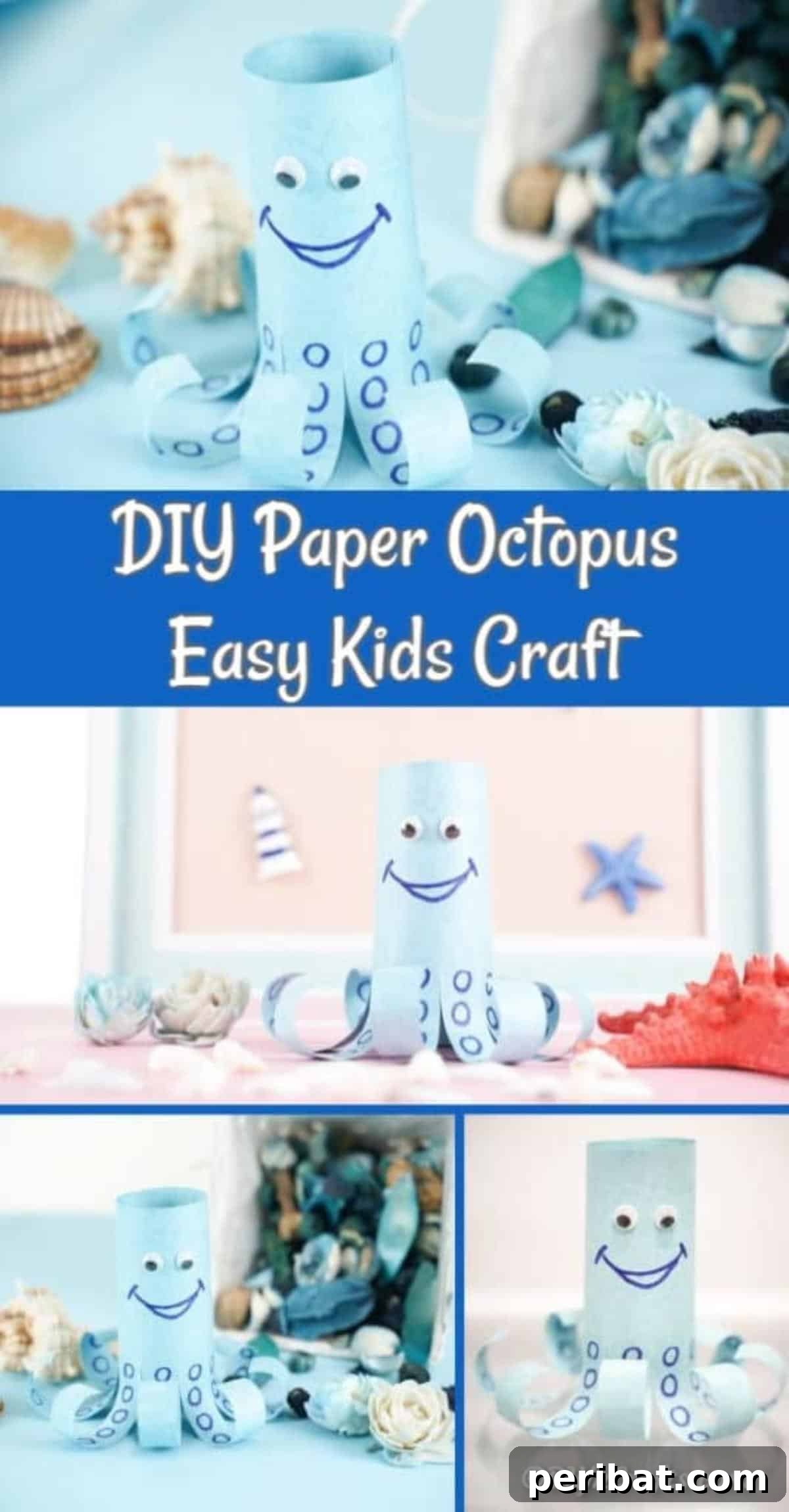 Smiling blue paper octopus collage with various paper textures