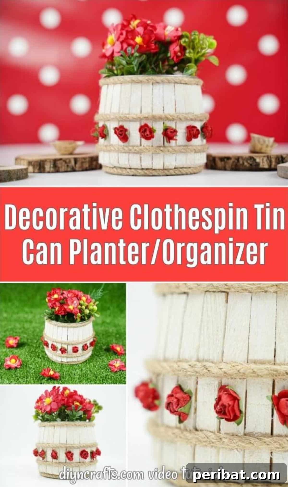 Pegged Tin Pot & Storage 2 Decorative Clothespin Tin Can Planter or Organizer on a kitchen counter
