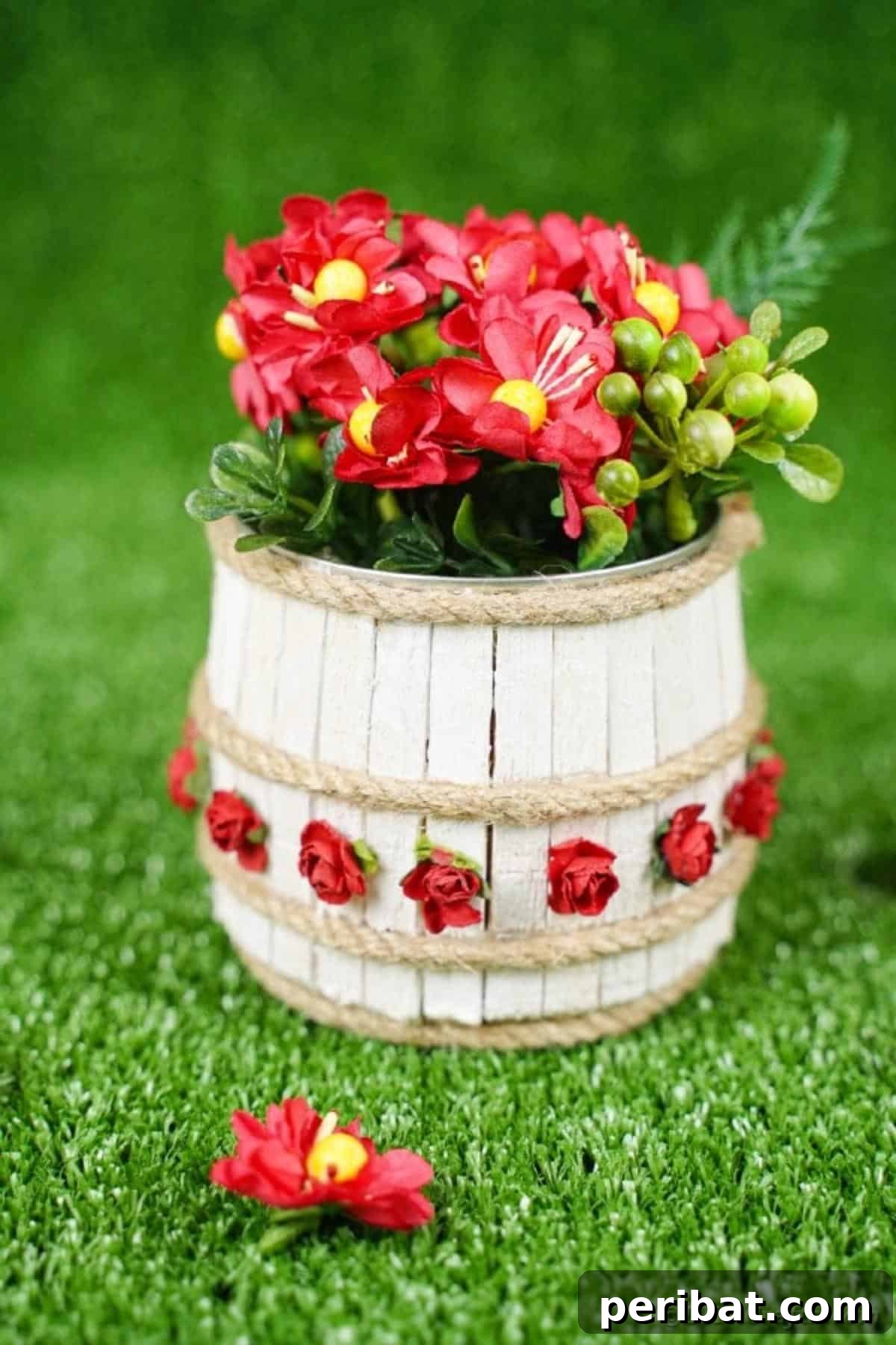 Pegged Tin Pot & Storage 3 Mini wooden barrel planter made from clothespins with vibrant flowers