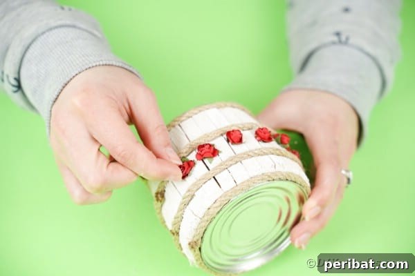 Pegged Tin Pot & Storage 21 Gluing roses on tin can organizer