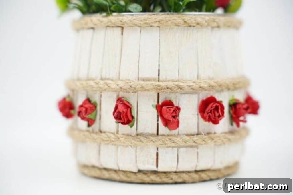 Pegged Tin Pot & Storage 25 Clothespin covered tin can with red rose accent, perfect as a small vase
